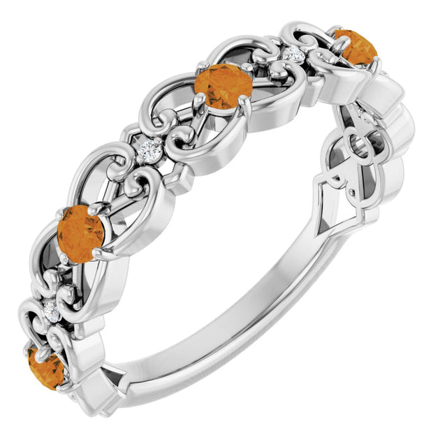14K Gold Round Natural Citrine Vintage-Inspired Scroll Ring - White Gold