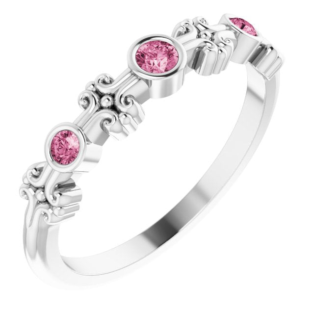 14K Gold Round Natural Pink Tourmaline Bezel-Set Ring III - White Gold