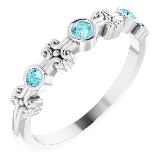 14K Gold Round Natural Blue Zircon Bezel-Set Ring III - White Gold