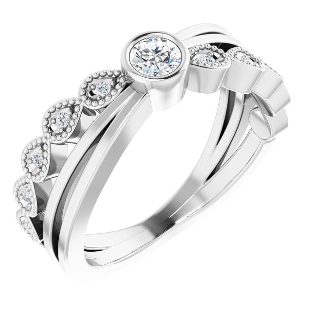 14K Gold Round Natural Diamond Criss-Cross Bezel-Set Ring - White Gold