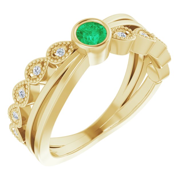 14K Gold Round Natural Emerald Criss-Cross Bezel-Set Ring - Yellow Gold