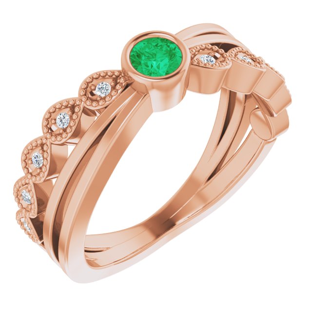 14K Gold Round Natural Emerald Criss-Cross Bezel-Set Ring - Rose Gold