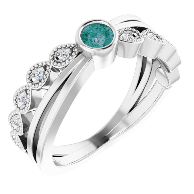14K Gold Round Natural Alexandrite Criss-Cross Bezel-Set Ring - White Gold