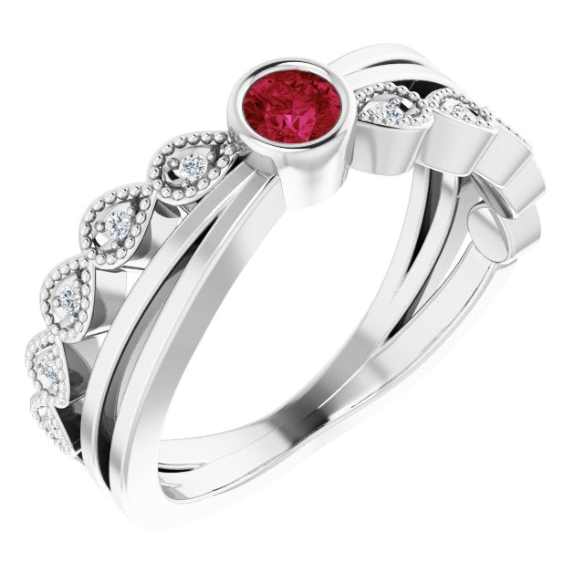 Platinum Round Natural Ruby Criss-Cross Bezel-Set Ring