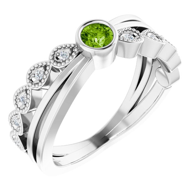 14K Gold Round Natural Peridot Criss-Cross Bezel-Set Ring - White Gold