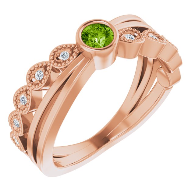 14K Gold Round Natural Peridot Criss-Cross Bezel-Set Ring - Rose Gold