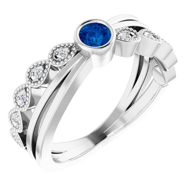 14K Gold Round Natural Blue Sapphire Criss-Cross Bezel-Set Ring - White Gold