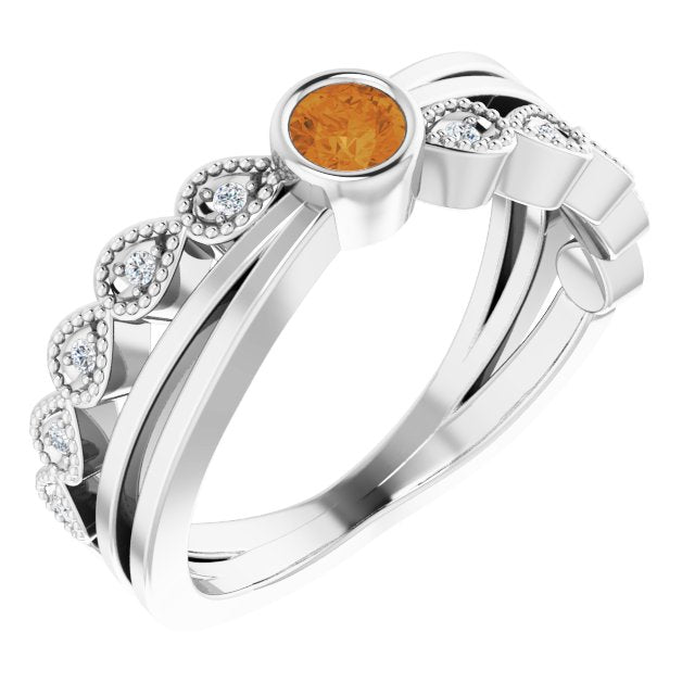 Platinum Round Natural Citrine Criss-Cross Bezel-Set Ring