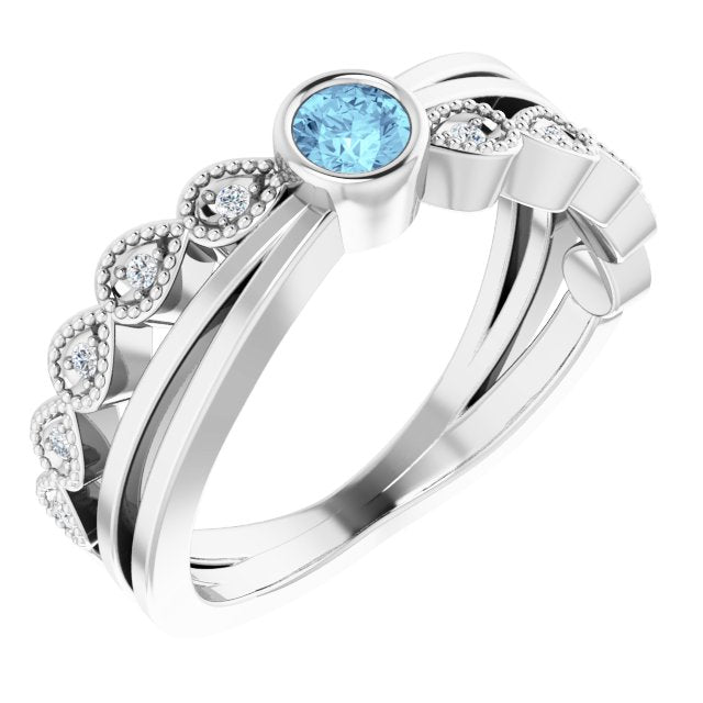 Platinum Round Natural Aquamarine Criss-Cross Bezel-Set Ring