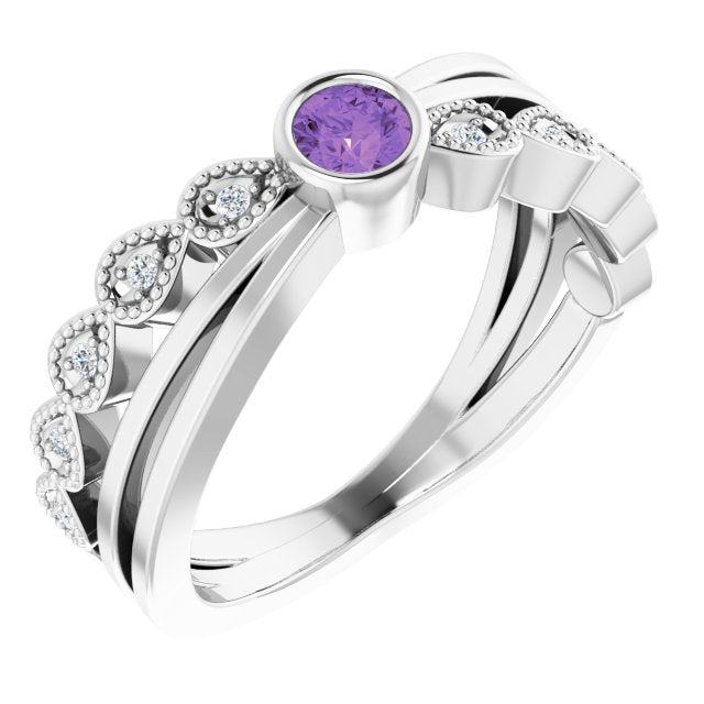 Platinum Round Natural Amethyst Criss-Cross Bezel-Set Ring
