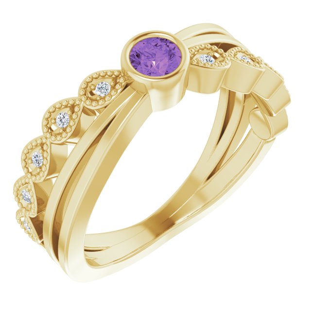 14K Gold Round Natural Amethyst Criss-Cross Bezel-Set Ring - Yellow Gold