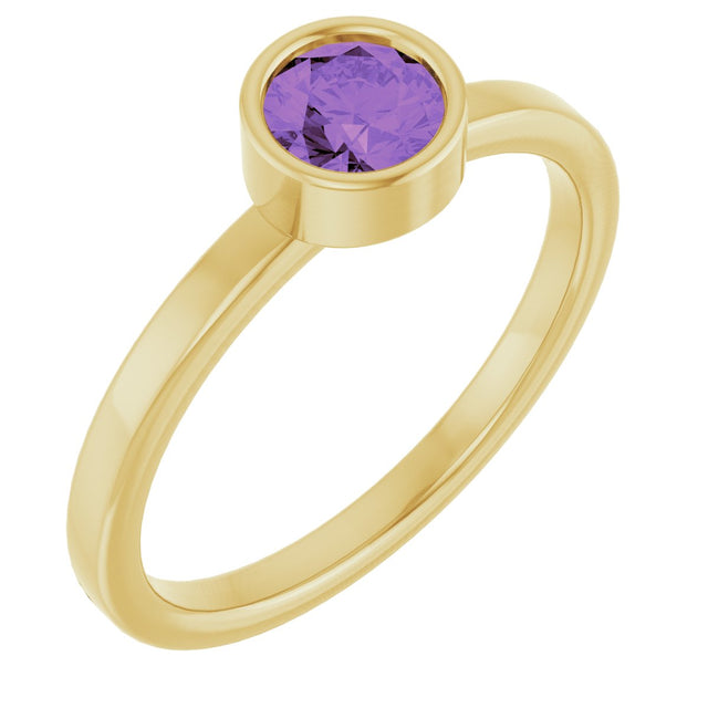 14K Gold Round Natural Amethyst Bezel-Set Solitaire Ring - Yellow Gold