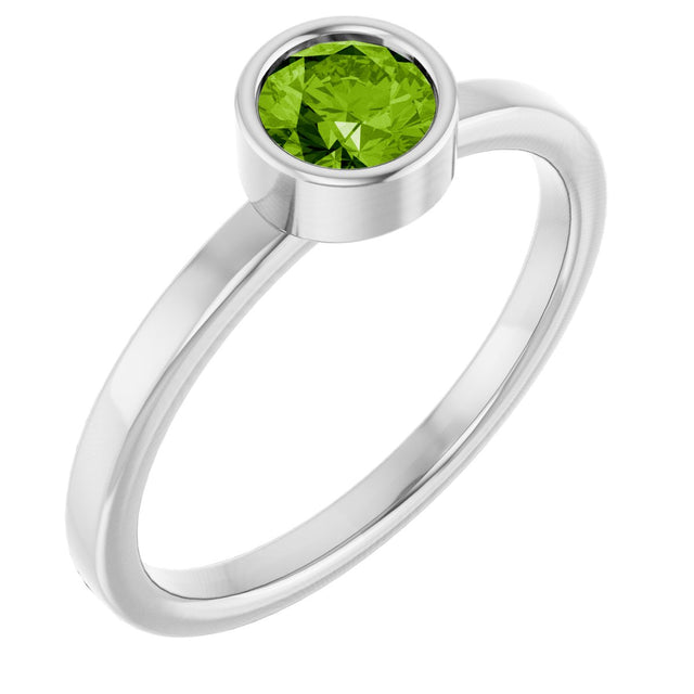 Platinum Round Natural Peridot Bezel-Set Solitaire Ring