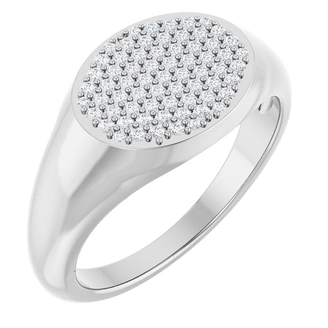 14K Gold Round Natural Diamond Pave'-Style Cluster Signet Ring - White Gold