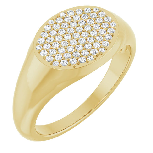 14K Gold Round Natural Diamond Pave'-Style Cluster Signet Ring - Yellow Gold
