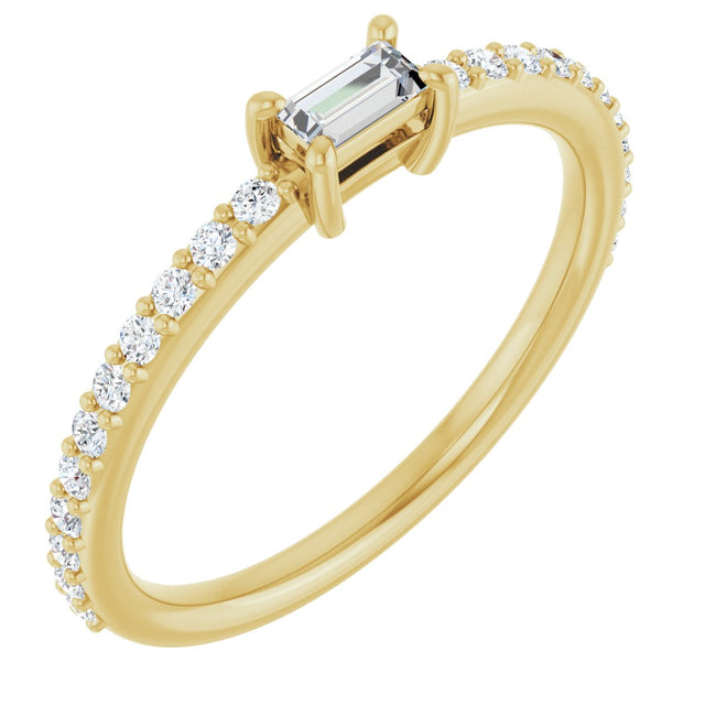 14K Gold Straight Baguette Natural Diamond Accented Stackable Ring - Yellow Gold