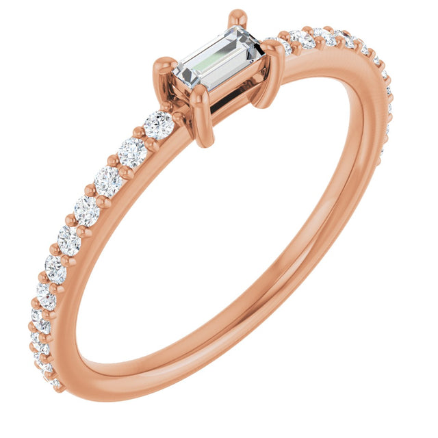 14K Gold Straight Baguette Natural Diamond Accented Stackable Ring - Rose Gold