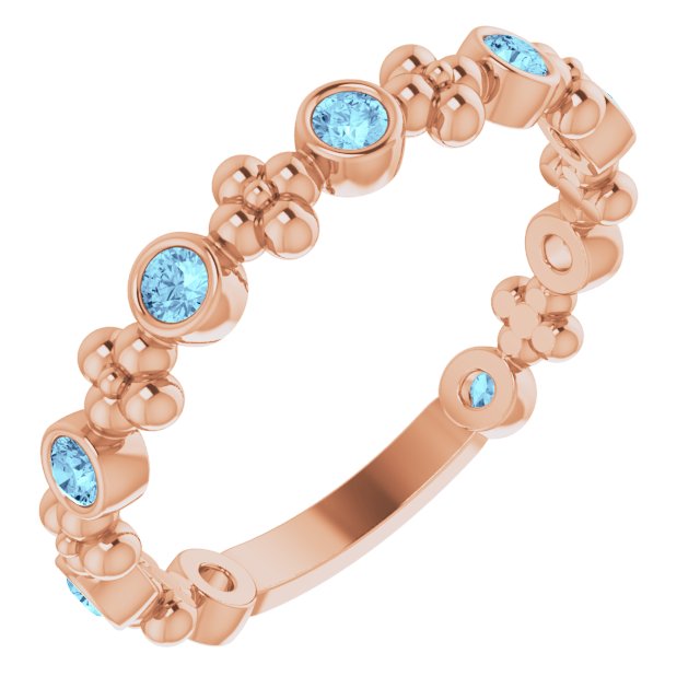 14K Gold Round Natural Aquamarine Beaded Ring – 2mm Stones - Rose Gold