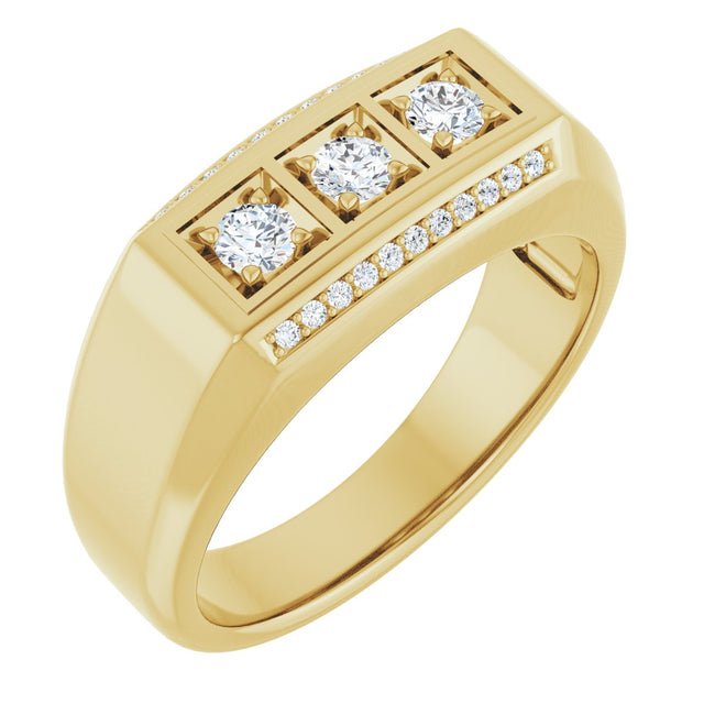 14K Gold Round Natural Diamond Three-Stone Ring III - Yellow Gold