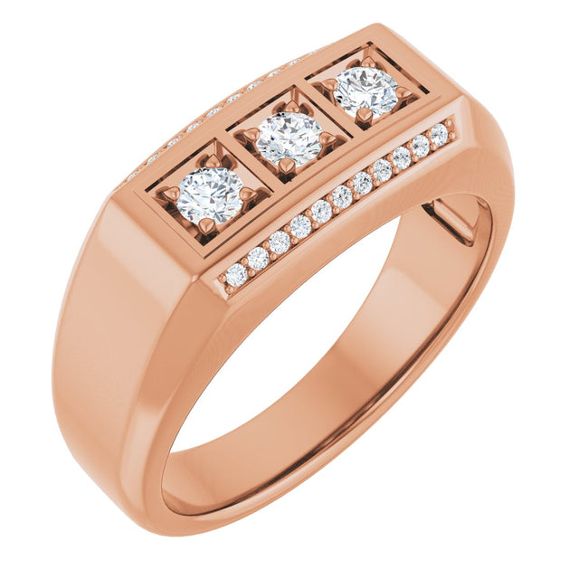 14K Gold Round Natural Diamond Three-Stone Ring III - Rose Gold