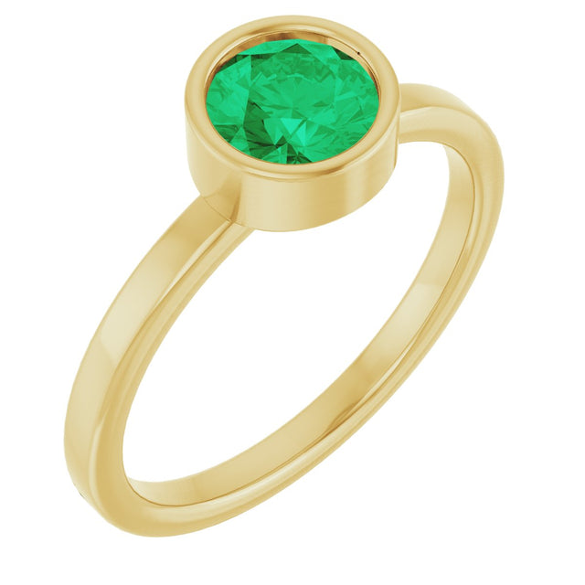 14K Gold Round Natural Emerald Bezel-Set Solitaire Ring - Yellow Gold