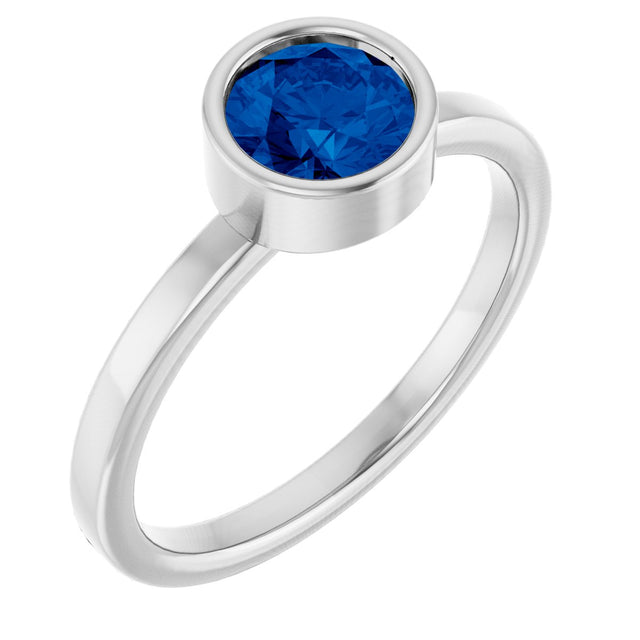 Platinum Round Natural Blue Sapphire Bezel-Set Solitaire Ring