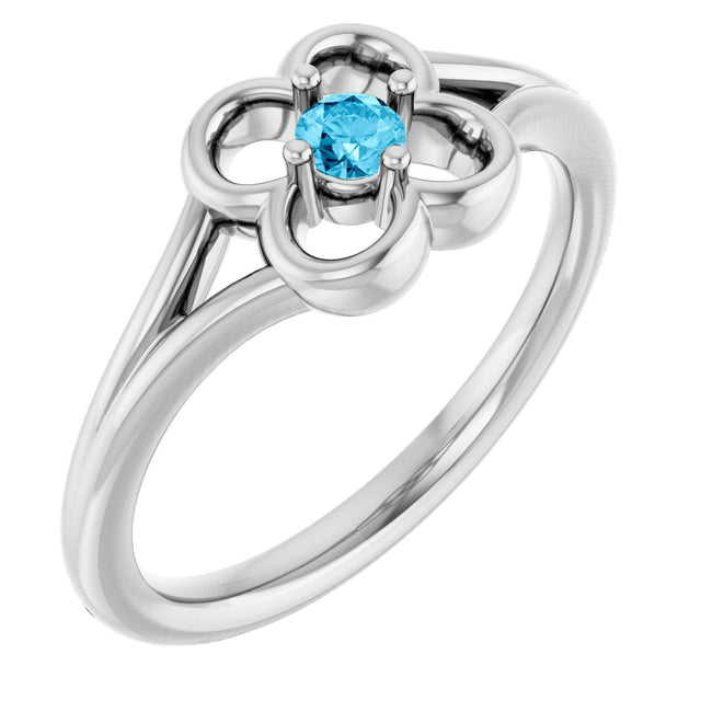14K Gold Round Natural Aquamarine Youth Flower Ring - White Gold