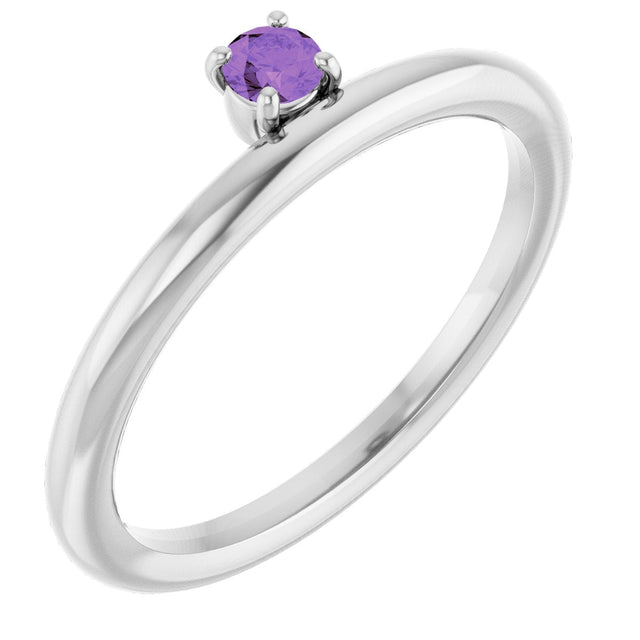 14K Gold Round Natural Amethyst Asymmetric Stackable Ring - White Gold