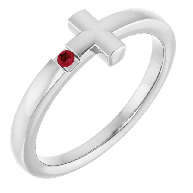 14K Gold Round Natural Ruby Youth Sideways Cross Ring - White Gold