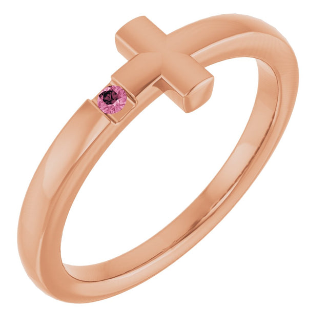 14K Gold Round Natural Pink Tourmaline Youth Sideways Cross Ring - Rose Gold