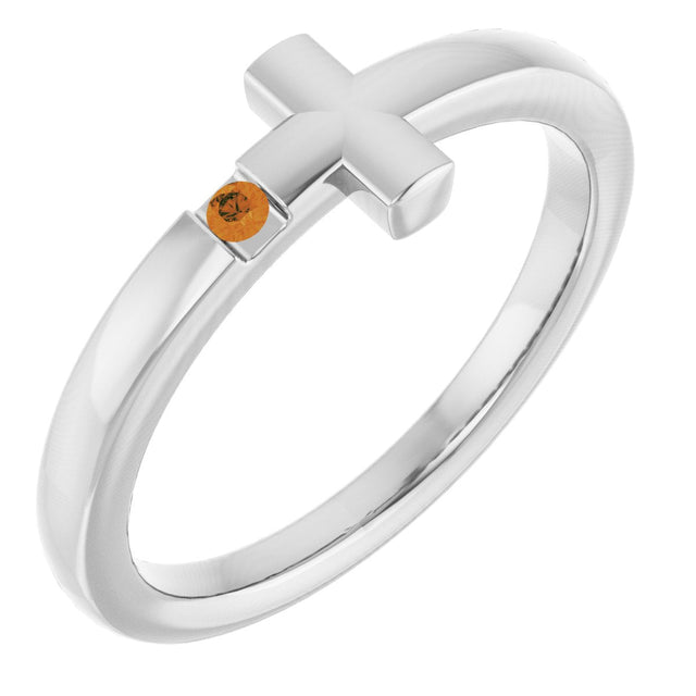 14K Gold Round Natural Citrine Youth Sideways Cross Ring - White Gold