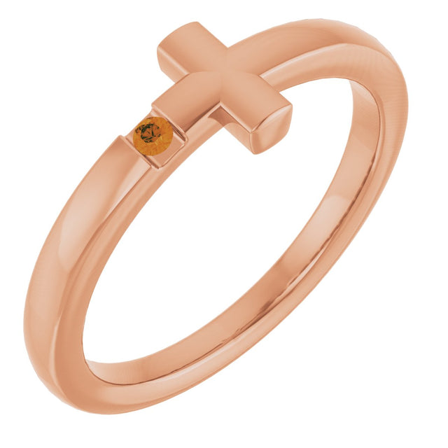 14K Gold Round Natural Citrine Youth Sideways Cross Ring - Rose Gold