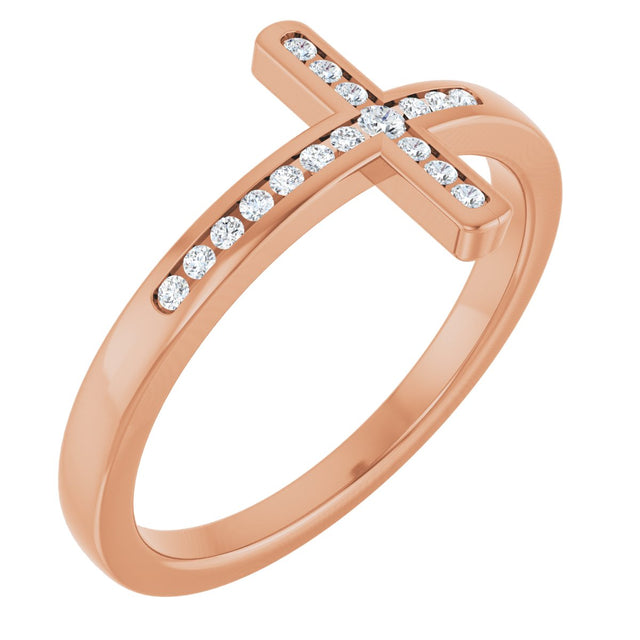 14K Gold Round Natural Diamond Sideways Cross Ring – 1.6mm Stones - Rose Gold