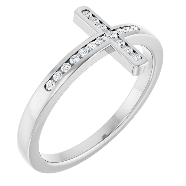14K Gold Round Natural Diamond Sideways Cross Ring – 1.6mm Stones - White Gold