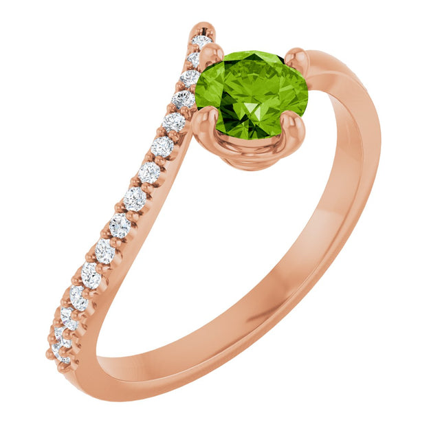 14K Gold Round Natural Peridot Accented Bypass Ring - Rose Gold