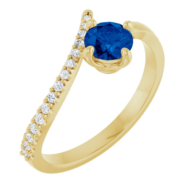 14K Gold Round Natural Blue Sapphire Accented Bypass Ring - Yellow Gold