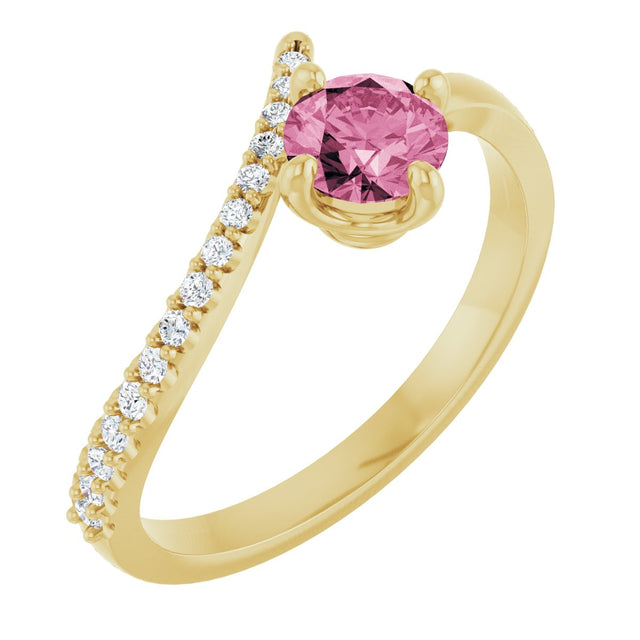 14K Gold Round Natural Pink Tourmaline Accented Bypass Ring - Yellow Gold