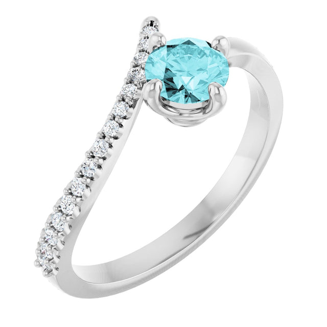 14K Gold Round Natural Blue Zircon Accented Bypass Ring - White Gold