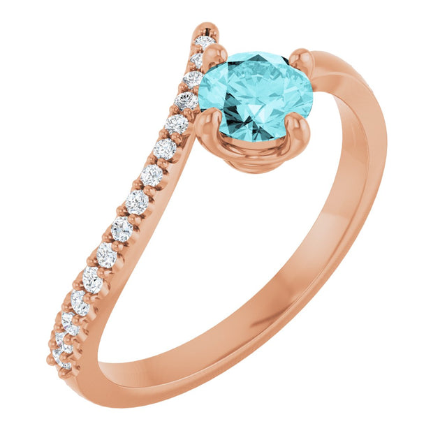 14K Gold Round Natural Blue Zircon Accented Bypass Ring - Rose Gold