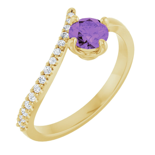 14K Gold Round Natural Amethyst Accented Bypass Ring - Yellow Gold