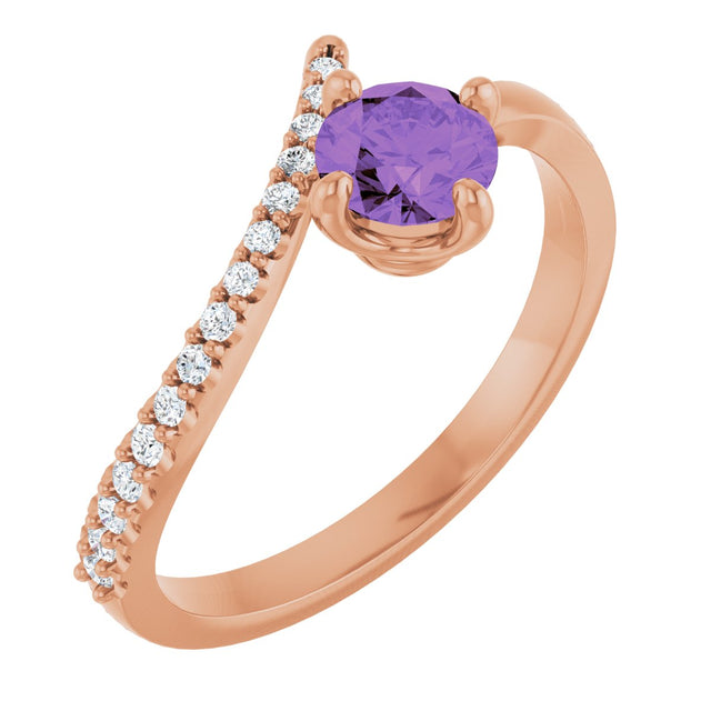 14K Gold Round Natural Amethyst Accented Bypass Ring - Rose Gold