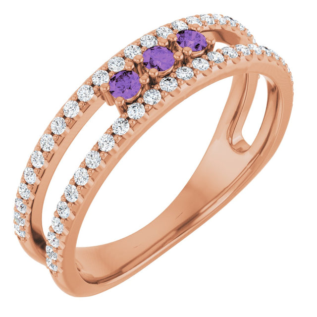 14K Gold Round Natural Amethyst Negative Space Ring - Rose Gold