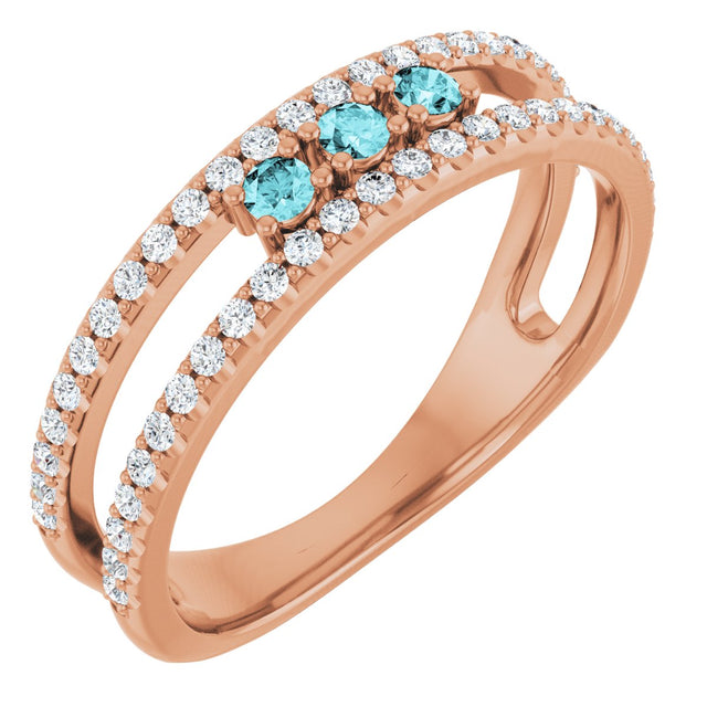 14K Gold Round Natural Blue Zircon Negative Space Ring - Rose Gold