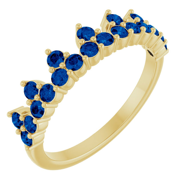14K Gold Round Lab-Grown Blue Sapphire Accented Crown Ring - Yellow Gold