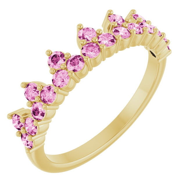 14K Gold Round Natural Pink Sapphire Accented Crown Ring - Yellow Gold
