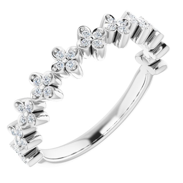 14K Gold Round Natural Diamond Stackable Clover Ring - White Gold