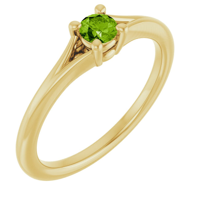 14K Gold Round Natural Peridot Youth Solitaire Ring - Yellow Gold