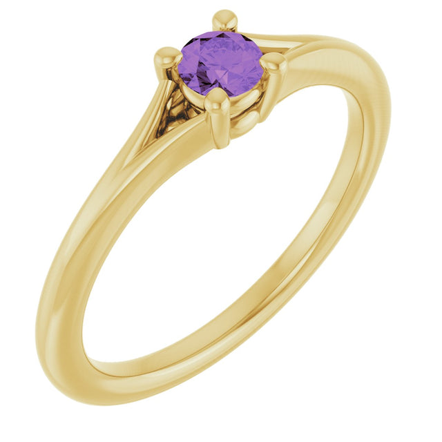 14K Gold Round Natural Amethyst Youth Solitaire Ring - Yellow Gold
