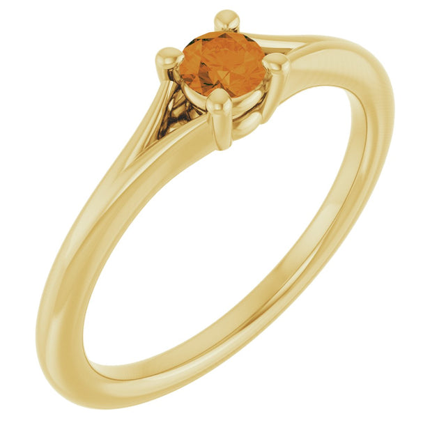 14K Gold Round Natural Citrine Youth Solitaire Ring - Yellow Gold