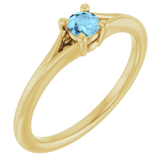 14K Gold Round Natural Aquamarine Youth Solitaire Ring - Yellow Gold